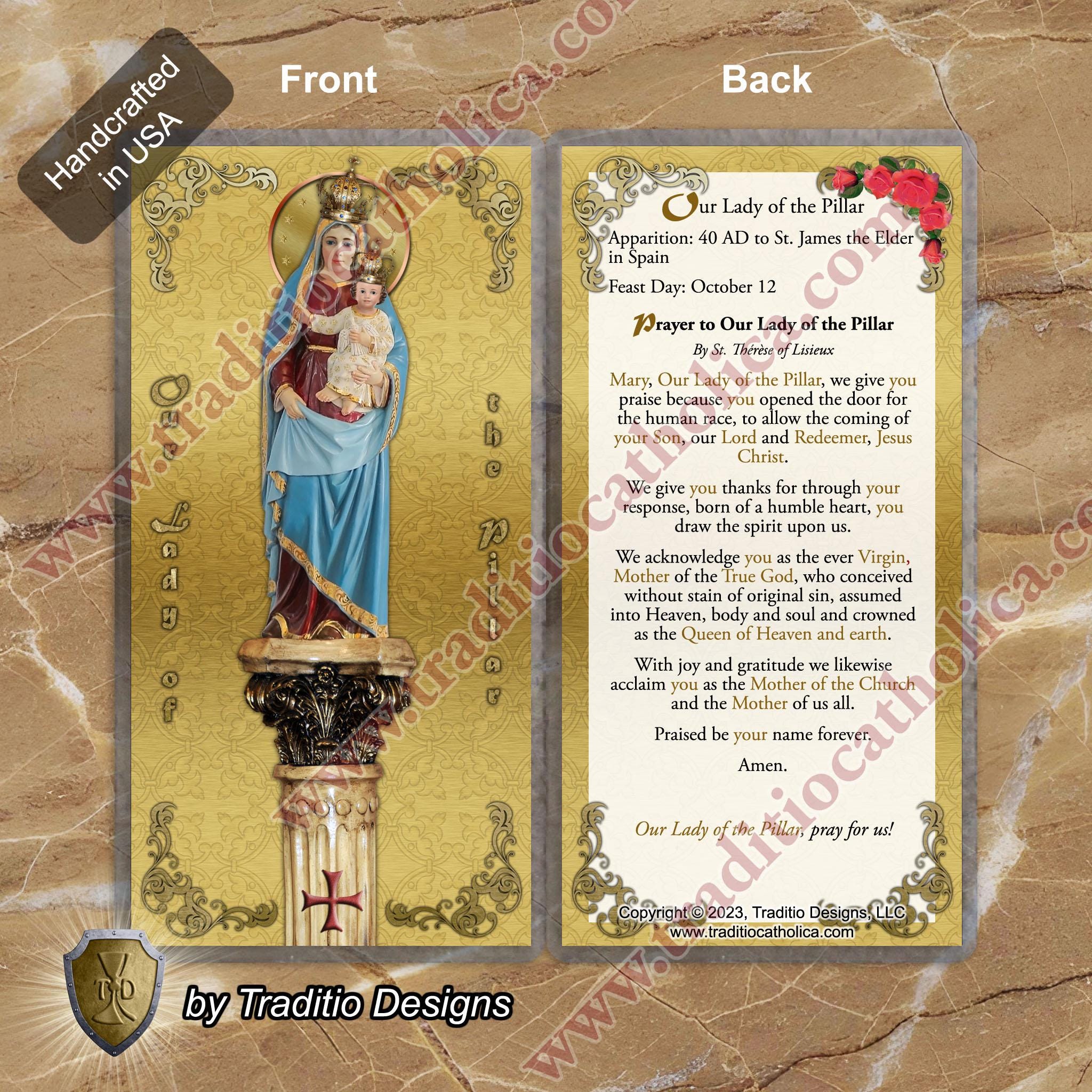 Our Lady of the Pillar Laminated Catholic Holy Prayer Cards. Statue of ...