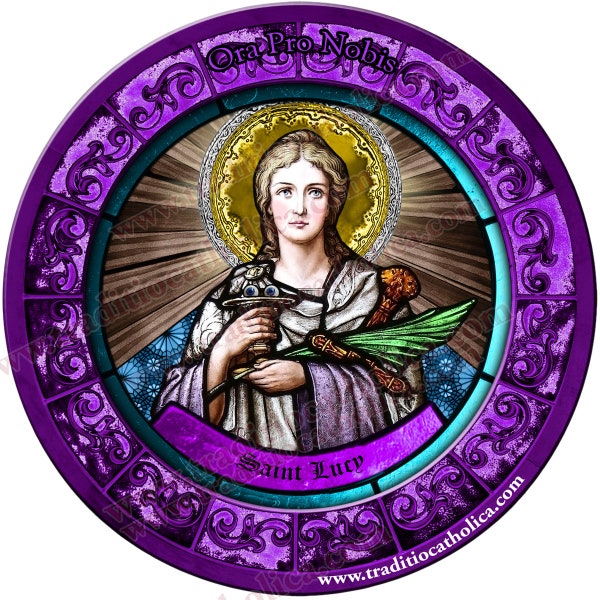 Saint Lucy, patron of eye disorders Stained Glass round 4 inch refrigerator magnet. St. Lucy stained glass art.