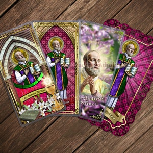 Saint Andrew Avellino, patron of strokes, Stained Glass laminated and lace Catholic Holy Prayer cards. St. Andrew Avellino prayers.
