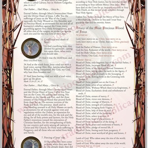 May include: A religious image with a red background and gold accents. The image depicts the crucifixion of Jesus Christ and includes text from the Bible. The text includes the words "Our Father", "Hail Mary", and "Glory be".