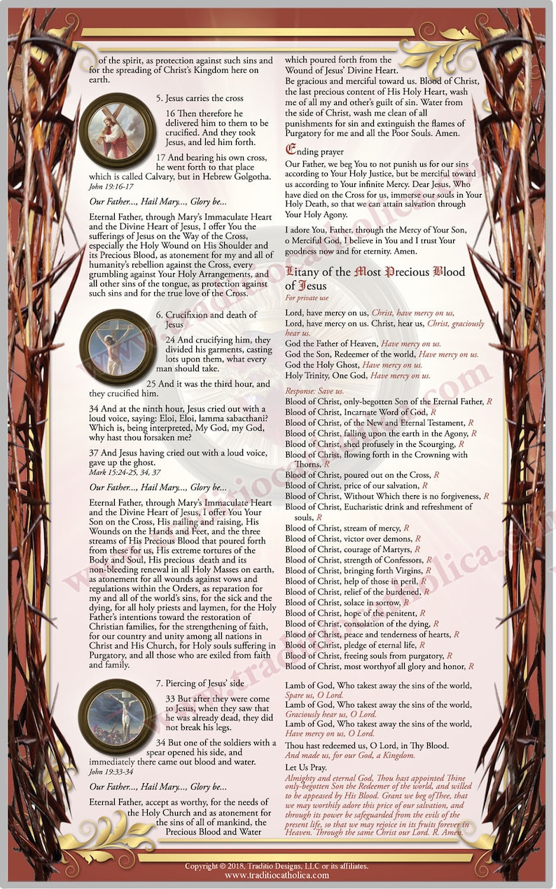 May include: A religious image with a red background and gold accents. The image depicts the crucifixion of Jesus Christ and includes text from the Bible. The text includes the words "Our Father", "Hail Mary", and "Glory be".