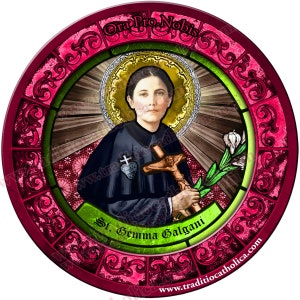 Saint Gemma Galgani, back problems Stained Glass round 4 inch refrigerator magnet. St. Gemma stained glass art.