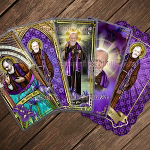 Saint Padre Pio Stained Glass and statue art laminated Holy Prayer cards. St. Padre Pio holy cards.
