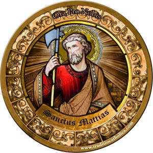 Saint Matthias the Apostle Stained Glass round 4 inch custom refrigerator magnet. St. Matthias magnet