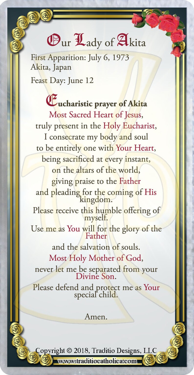 Our Lady of Akita laminated Holy Prayer card. Statue of Mary | Etsy