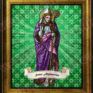 Saint Alphonsus full stained glass design handcrafted framed prints. St. Alphonsus prints.