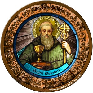 Heiliger Benedikt von Nursia Schutzpatron der Nierenprobleme und Vergiftungen Glasmalerei rund 4 Zoll benutzerdefinierte Kühlschrankmagnet.