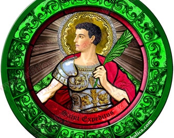Saint Expeditus, patron of emergencies and fast solutions Stained Glass round 4 inch refrigerator magnet. St Expedite stained glass art.
