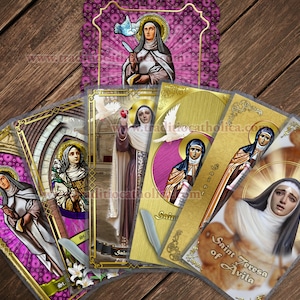 Saint St. Teresa of Avila, patron of headaches and sickness laminated Prayer cards. St. Teresa stained glass and statue art.