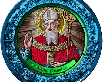 Saint Nicolas, patron des enfants Vitrail rond 4 pouces aimant de réfrigérateur personnalisé. Art du vitrail de Saint-Nicolas.