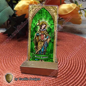 St. Saint Raphael Archangel laminated Holy Prayer cards. Stained Glass, Icon style and statue art. Saint Raphael Card.