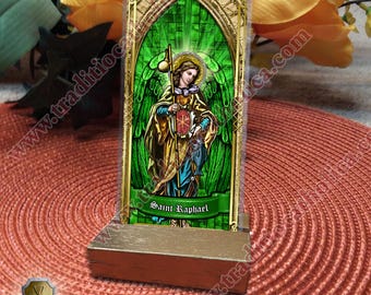 St. Saint Raphael Archangel laminated Holy Prayer cards. Stained Glass, Icon style and statue art. Saint Raphael Card.