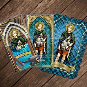 Saint St. Adrian, patron of soldiers and epilepsy laminated Prayer card. St. Adrian stained glass art.