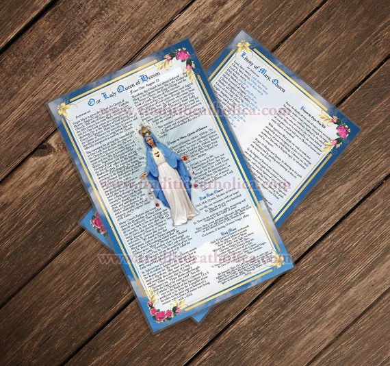 天国の女王、聖母の大きなラミネート加工の聖なる祈りのカード。信仰の