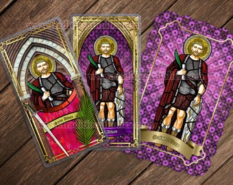 Saint St. Alban, patron of converts and refugees laminated Prayer card. St. Alban stained glass art.