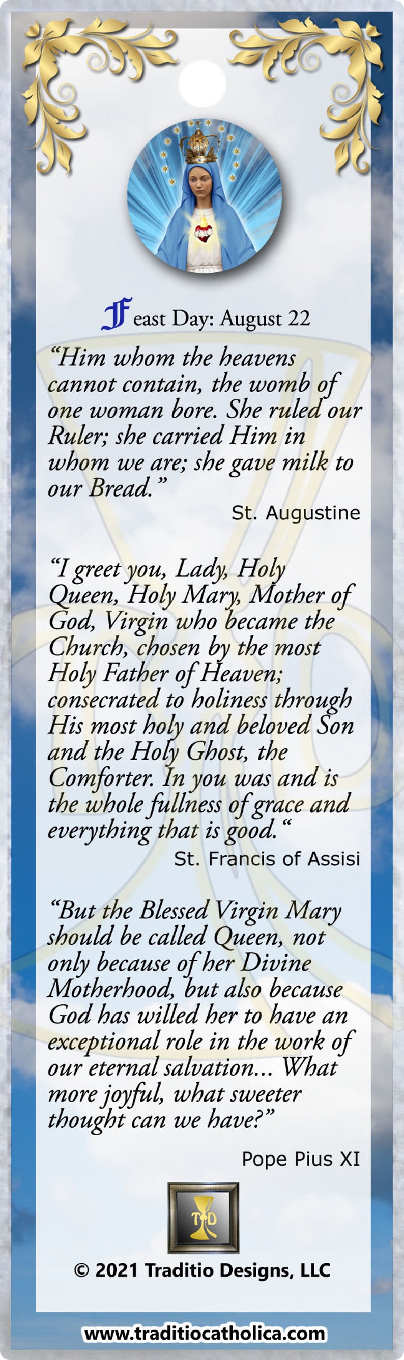 Our Lady Queen of Heaven Laminated Bible Scripture Bookmark. Statue of ...