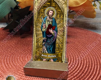 Saint Matthew the Apostle and Evangelist Catholic Holy Prayer Cards. St. Matthew stained glass art. St. Matthew laminated and lace cards.