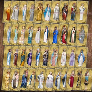 Set de regalo con estampas de oración mariana en el estilo icónico de la Iglesia Ortodoxa Oriental. Regalo perfecto para católicos. AHORRE UN 10 %. 41 imágenes de María.