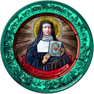 Saint Margaret Alacoque, patron of parent death Stained Glass round 4 inch refrigerator magnet. St Margaret stained glass art.