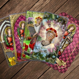 Saint St Cecilia, Italy laminated Prayer cards. Saint Cecilia Statue Art. Prayer for musicians. Great Saints collection.