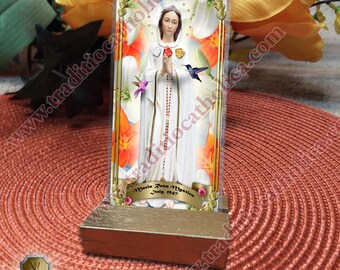 Cartes saintes catholiques plastifiées Maria Rosa Mystica. Statue de Marie rose mystique art. Statuette Rosa Mystica Art.