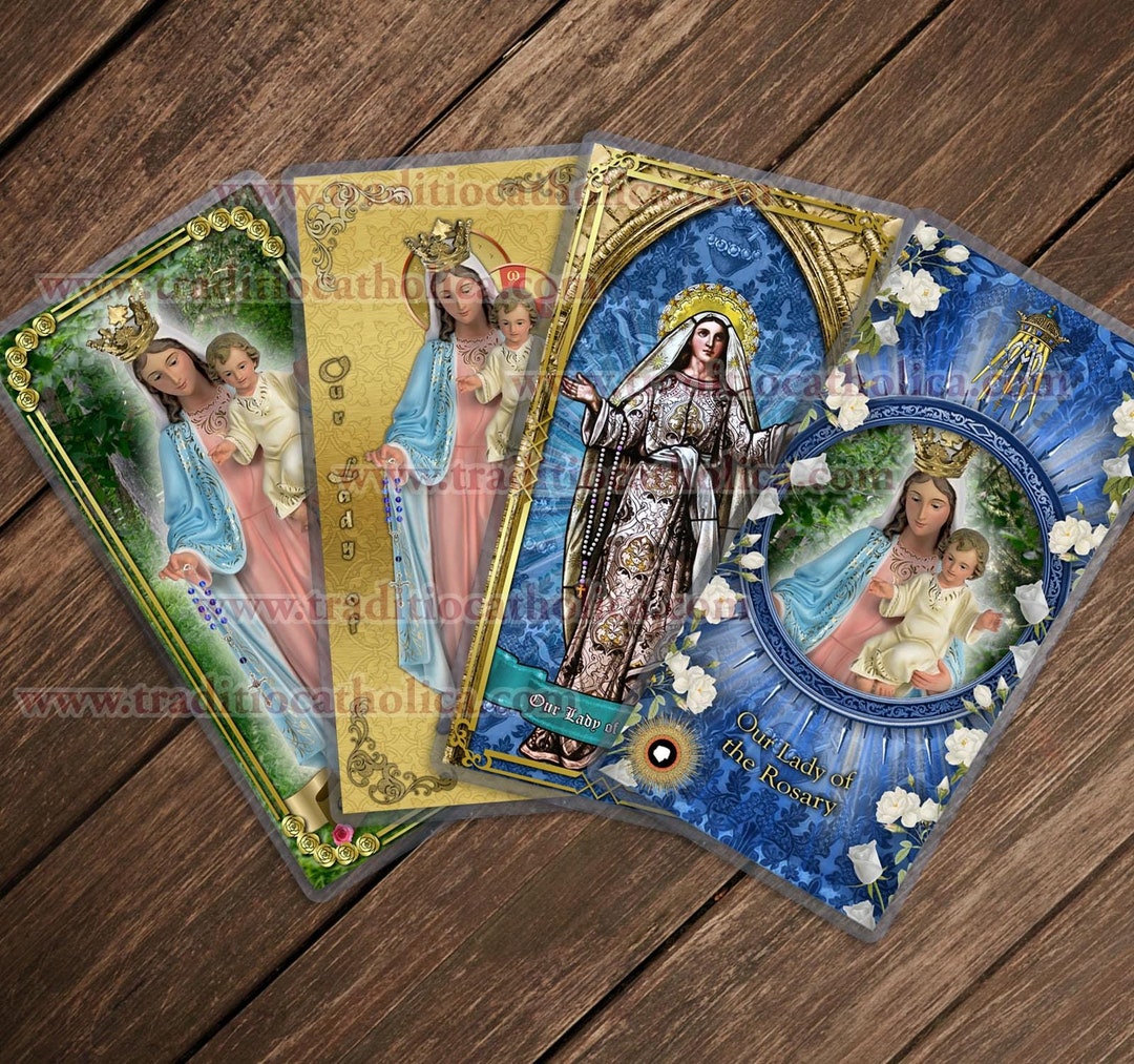 Our Lady of the Rosary, France Laminated Catholic Holy Cards. Statue of ...