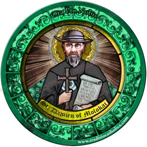 Saint Damien of Molokai Stained Glass round 4 inch refrigerator magnet. St. Damien of Molokai stained glass art.