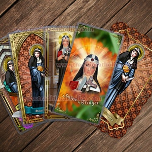 Saint Bridget of Sweden laminated Holy Prayer cards.  Stained Glass  and Statue art Cards of St. Bridget of Sweden.