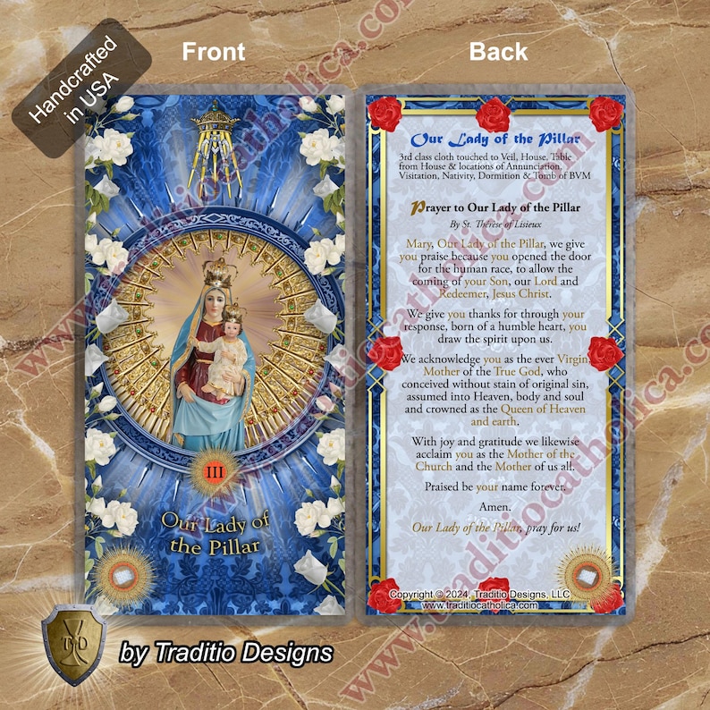 Our Lady of the Pillar Laminated Catholic Holy Prayer Cards. Statue of ...