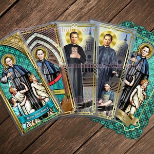 Saint John Bosco patron of boys and students laminated Holy Prayer cards. Stained Glass and statue art cards of St. John Bosco.