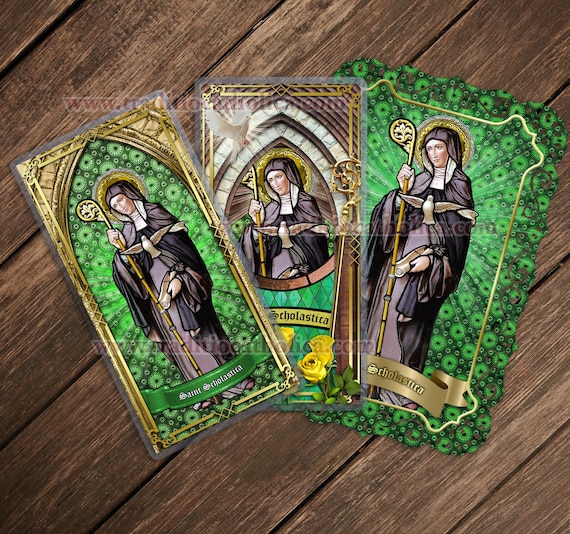 St. Scholastica Wood Icon & Holy Card GIFT SET, Catholic Patron Saint  invoked against storms