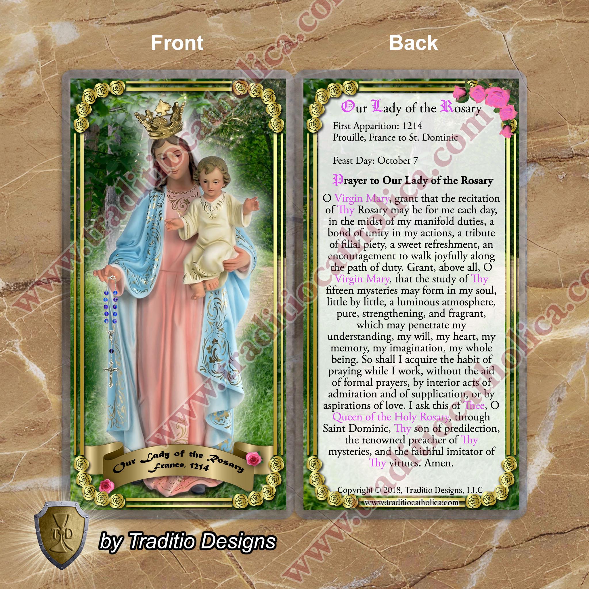 Our Lady of the Rosary, France Laminated Catholic Holy Cards. Statue of ...