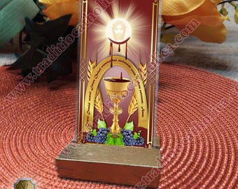 Holy Eucharist sacrament and pro-life laminated Holy Prayer card. Sacraments card collection.