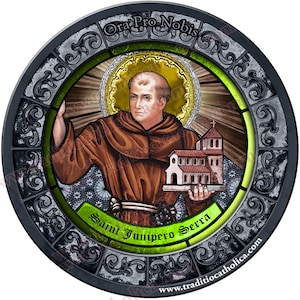 Saint Junipero Serra Stained Glass round 4 inch refrigerator magnet. St Junipero Serra stained glass art.