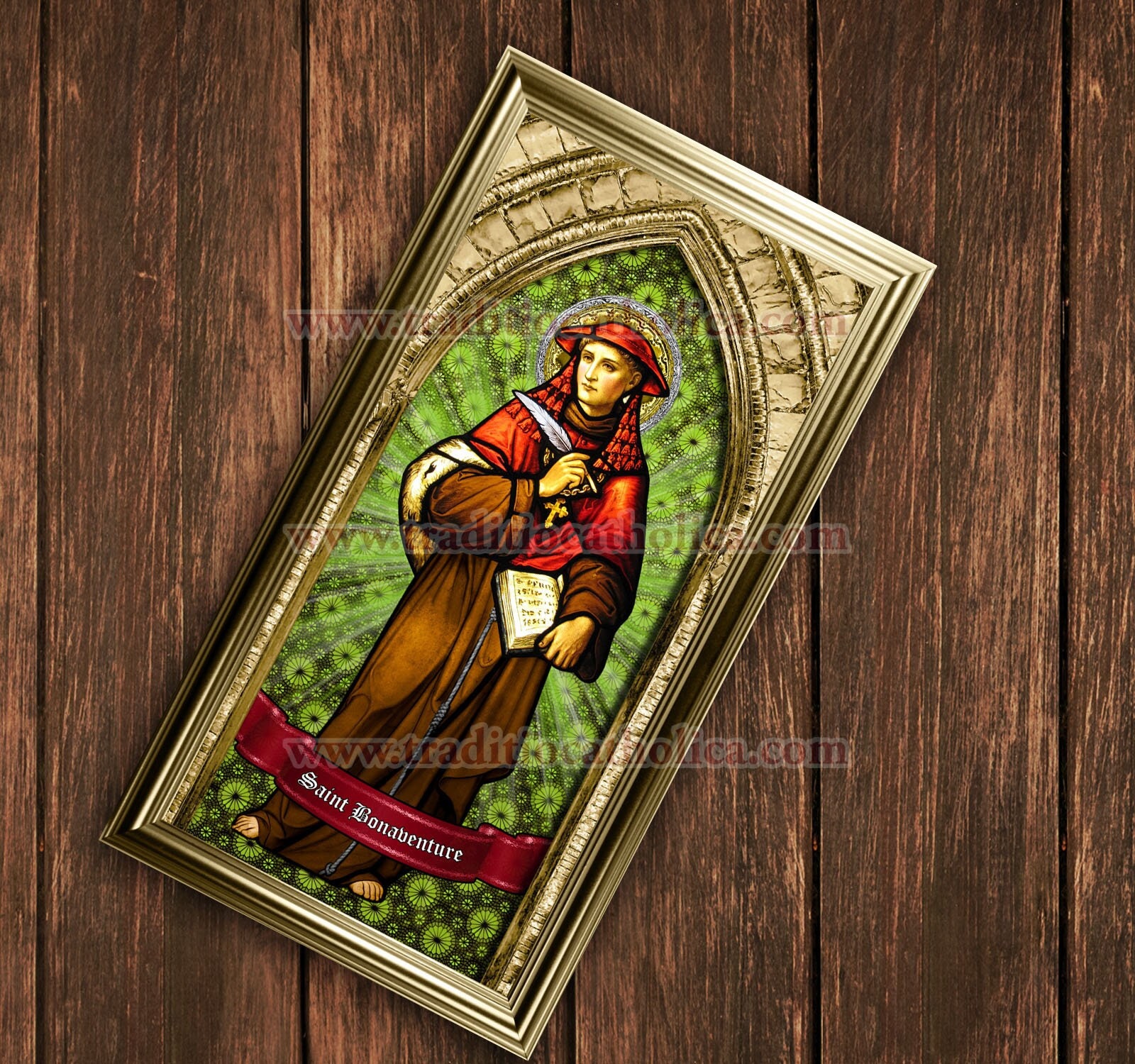 Saint Bonaventure Stained Glass Handcrafted Framed Print. 7x14