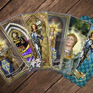 Saint Joan of Arc, France laminated Holy prayer cards. St. Joan Statue and stained glass Art.