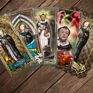 Saint Dominic laminated Catholic Holy Prayer Cards. St. Dominic Statue Art and stained glass art