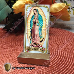 Our Lady of Guadalupe Mexico laminated Holy Prayer cards. Statue of Mary and Tilma image Artwork.