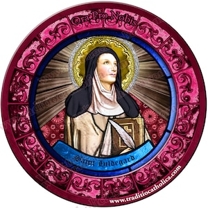 Saint Hildegard von Bingen Stained Glass round 4 inch refrigerator magnet. St Hildegard von Bingen stained glass art.
