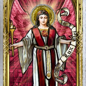 May include: A stained glass image of Saint Uriel, an angel with wings, holding a torch and a scroll that reads "Lux Dei". The image is set against a red background with a gold frame.