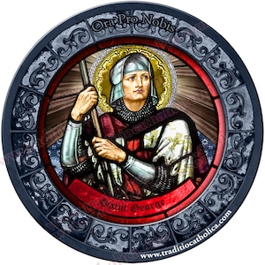 Heiliger Georg, Schutzpatron der Soldaten und vieler Krankheiten Glasmalerei rund 10 cm Kühlschrankmagnet. St George Glasmalerei Kunst.