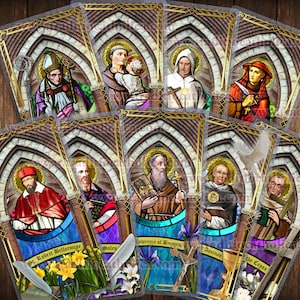Male Doctors of the Church Stained Glass Holy card set 5% OFF. St Bernard, St Thomas Aquinas, St Bonaventure, St Alphonsus, St Anthony