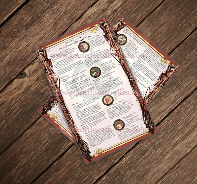May include: A printable devotional guide to the Most Precious Blood of Jesus. The guide features a red background with gold accents and images of Jesus and Mary. The text includes prayers and reflections on the blood of Jesus.
