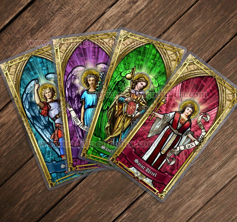 May include: Four stained glass cards featuring angels with gold trim. Each card has a different colored background and a different angel. The cards are labeled "Saint Michael", "Saint Gabriel", "Saint Uriel", and "Saint Raphael".