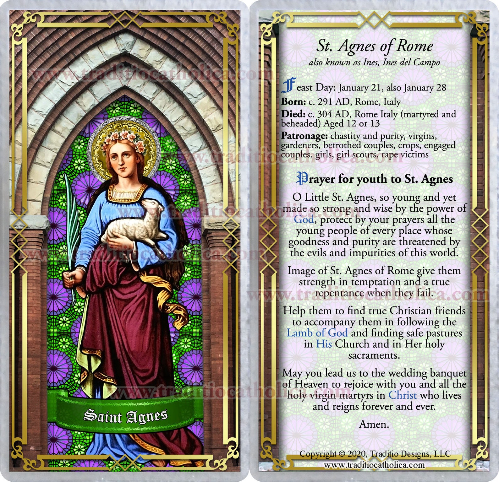 Saint Agnes Roman martyr laminated Holy Prayer cards. Patron Etsy