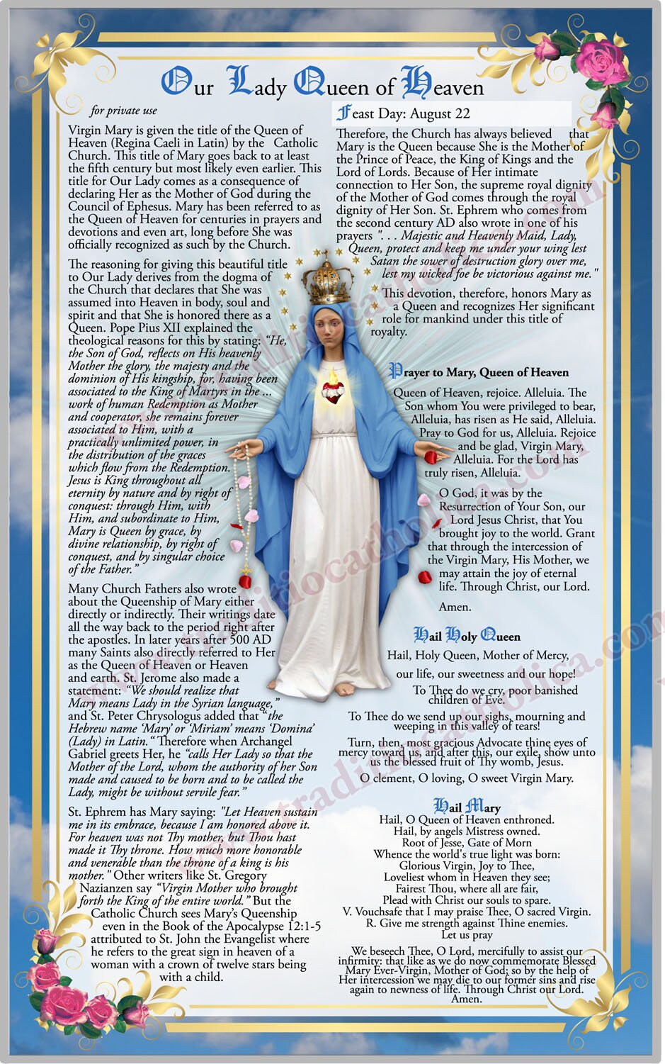 Our Lady, Queen of Heaven Large Laminated Holy Prayer Card