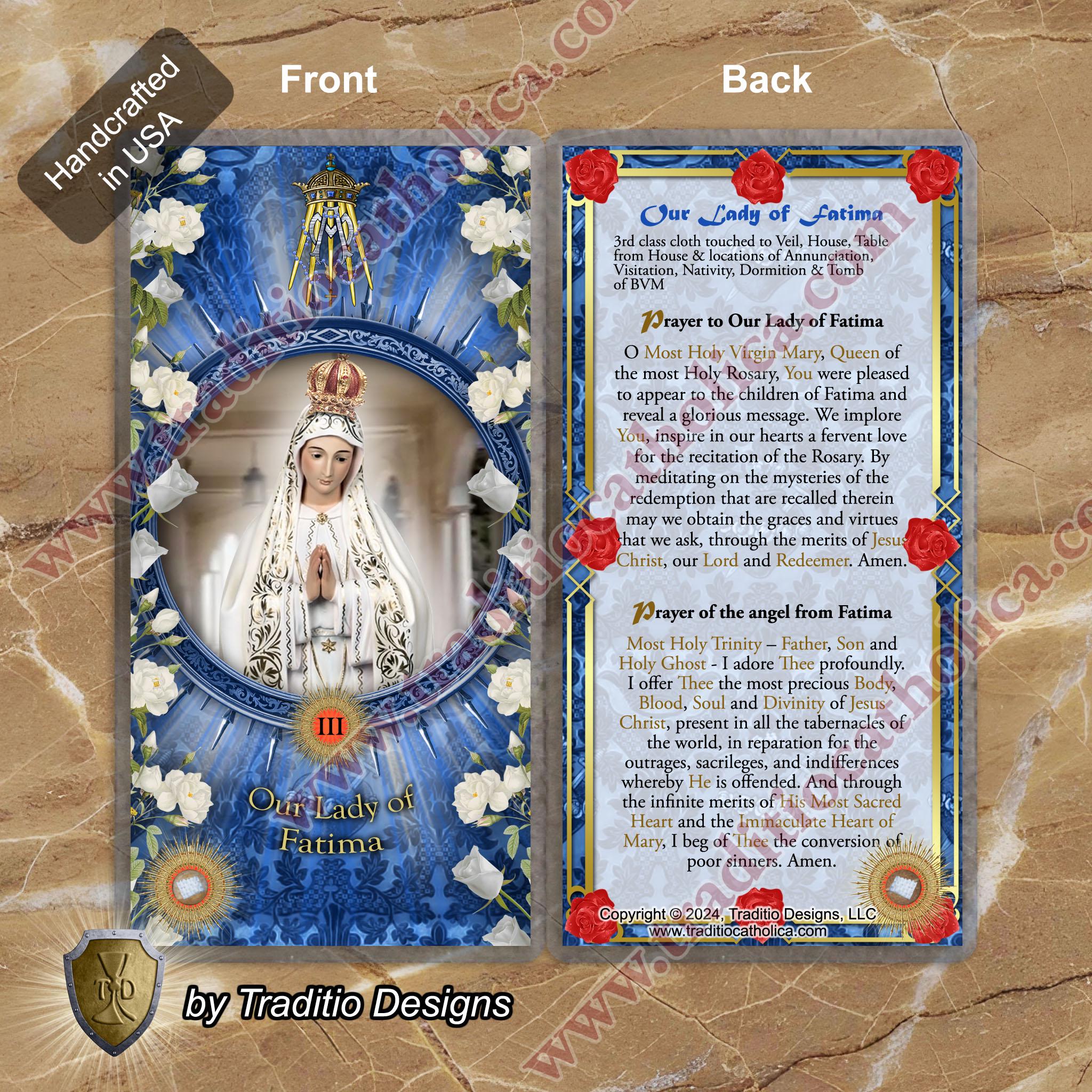 Our Lady of Fatima Laminated Catholic Holy Card. Statue of Mary Art ...