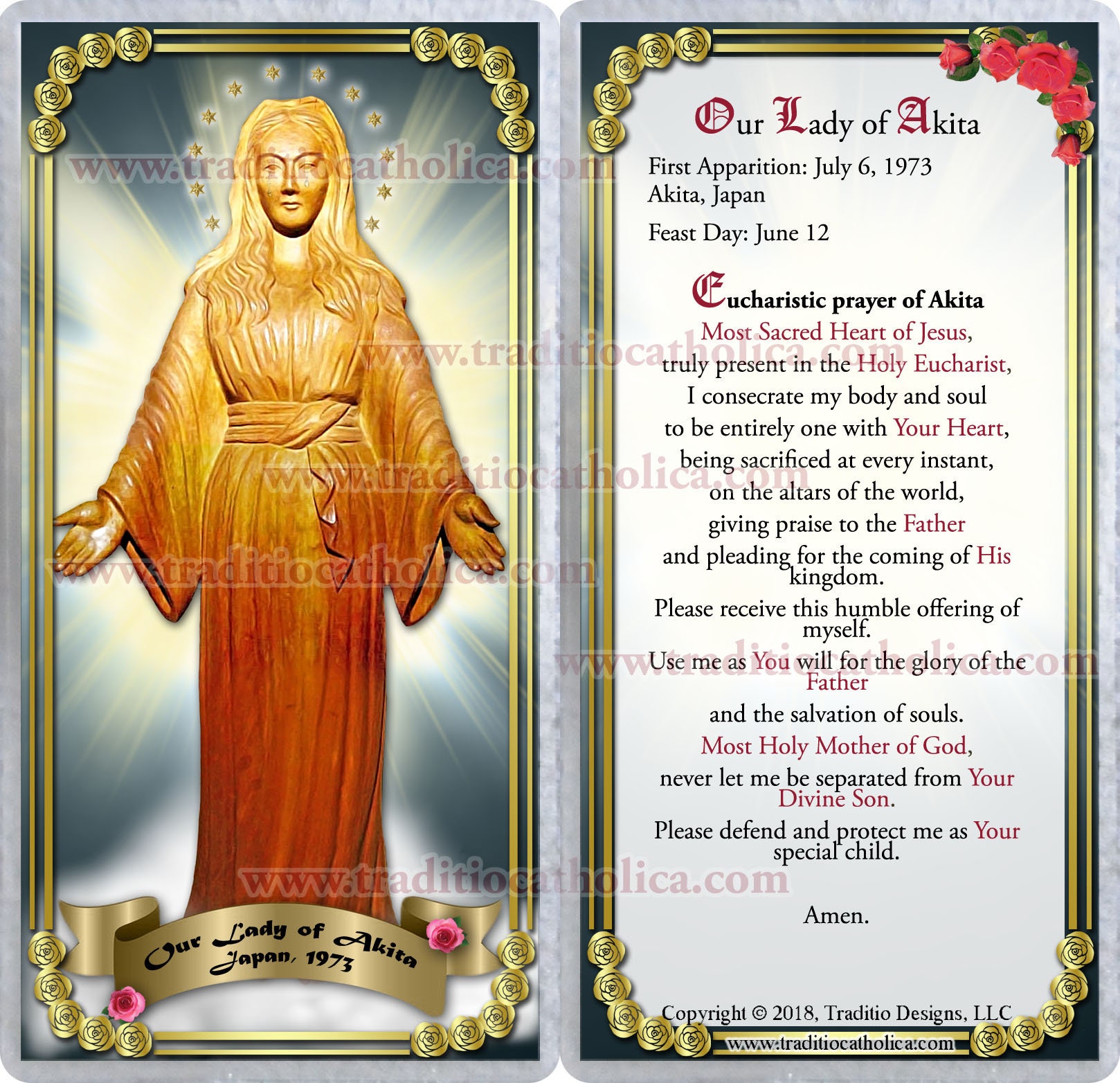 Our Lady of Akita Laminated Holy Prayer Cards. Our Lady of Akita