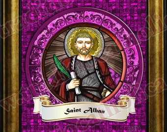 Saint Alban stained glass round design handcrafted framed prints
