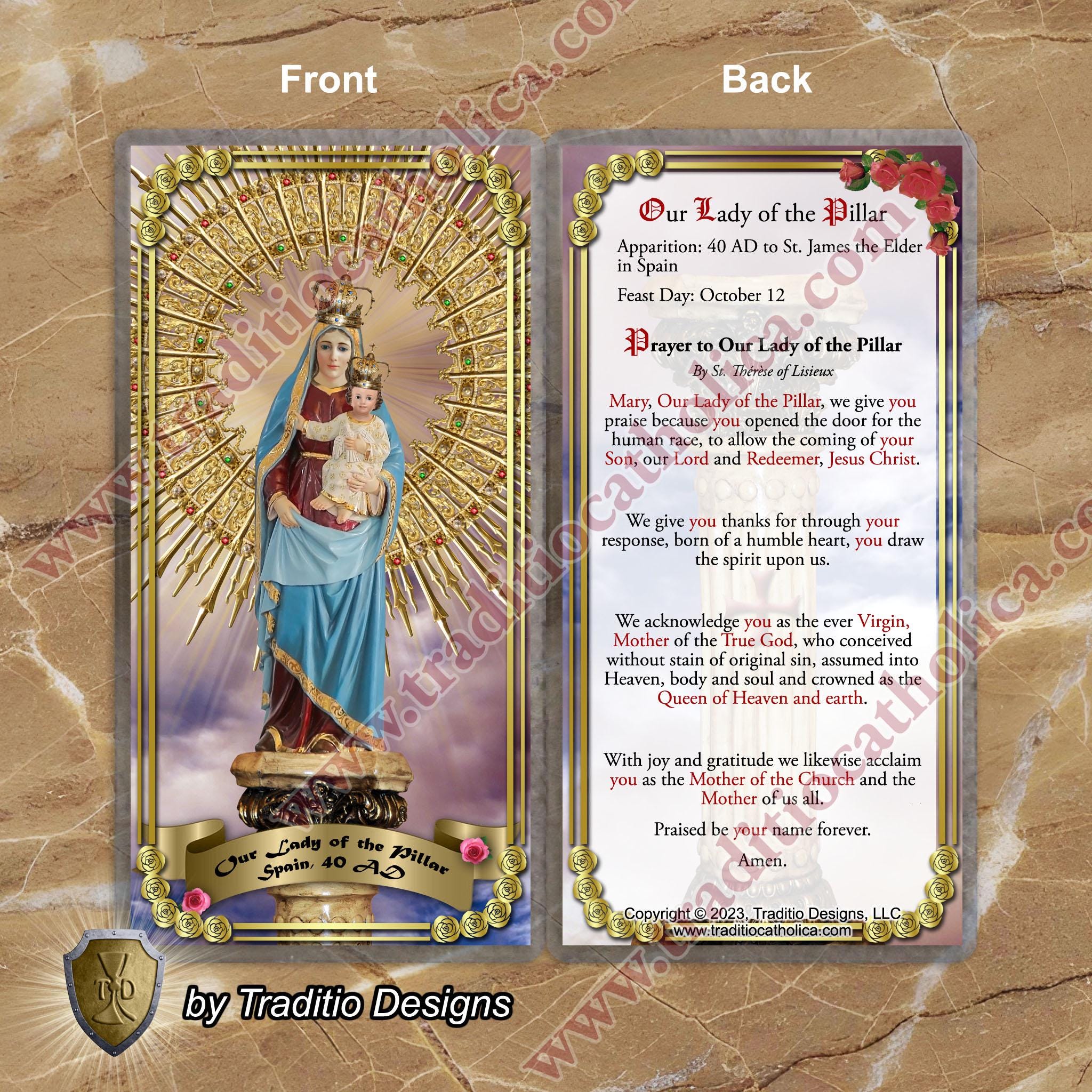 Our Lady of the Pillar Laminated Catholic Holy Prayer Cards. Statue of ...
